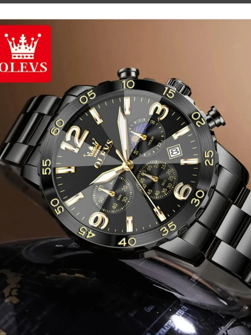 Olevs 3678 Black and Gold Men's Chronograph Watch Waterproof